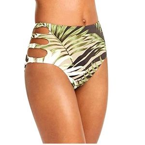 Bar III Green Jungle Moon Tropical Print Cutout High-Waist Bikini Bottom XLarge